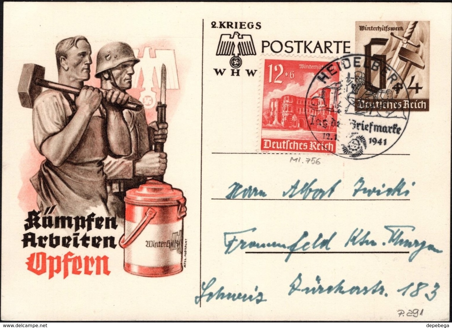 Germany - Uprated PSC (Mi. P 291a + Mi. 756) WHW Sonderpostkarte + SST. Heidelberg 12.1.1941 - Frankfurt. - Other & Unclassified