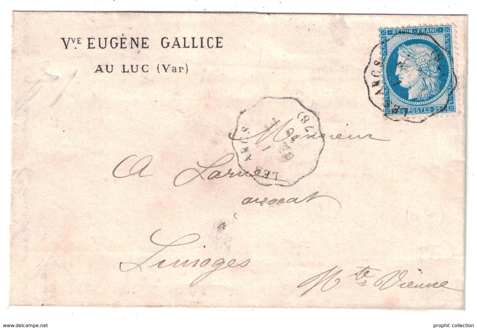 1876 - CACHET CONVOYEUR STATION De LES ARCS LIGNE DRAGUIGNAN MARSEILLE D. MARS Sur LETTRE CERES 60 GALLICE LUC VAR - 1877-1920: Période Semi Moderne