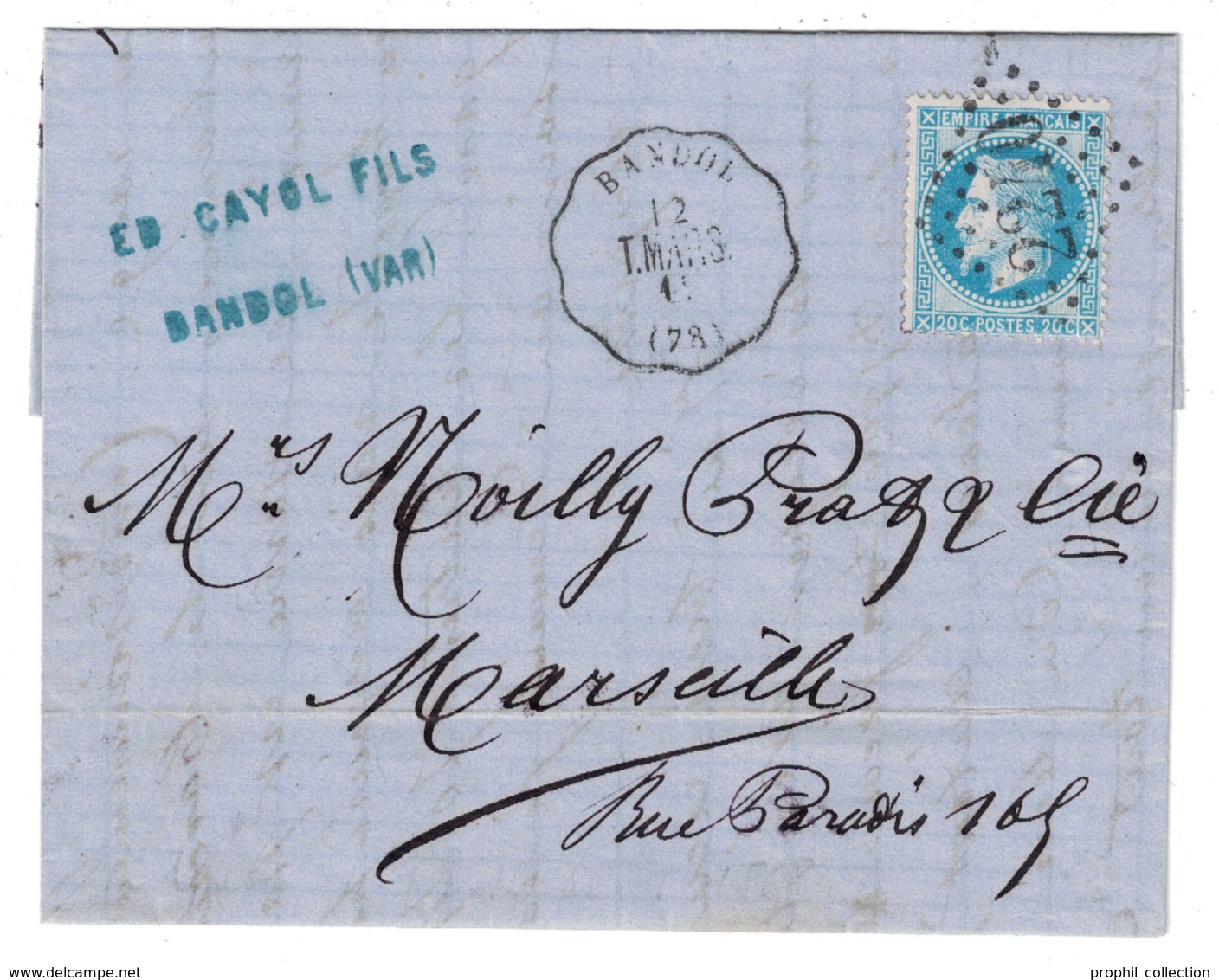 1868 - CACHET CONVOYEUR STATION De BANDOL LIGNE TOULON MARSEILLE T. MARS Sur LETTRE NAPOLEON N° 29 ENTETE CAYOL VAR - 1877-1920: Période Semi Moderne