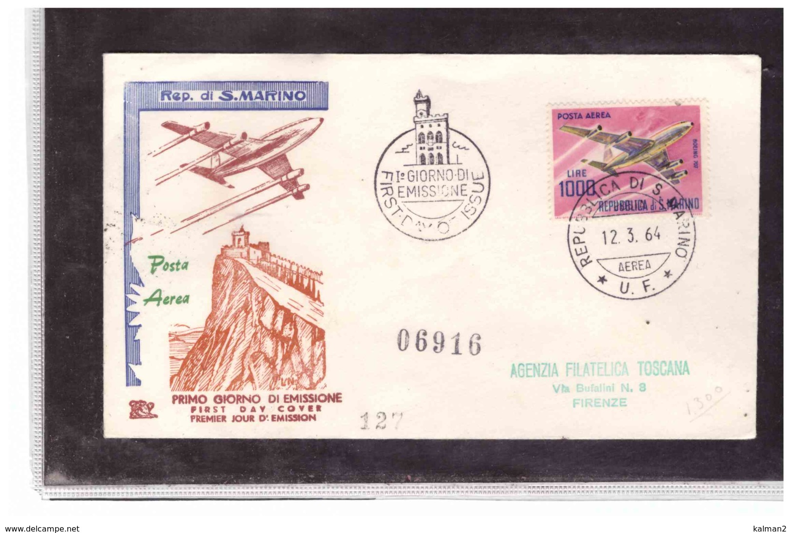 FDC5339   -   SAN MARINO  12.3.1964   /   FDC   POSTA  AEREA / CAT.UNIFICATO A.148 - Vliegtuigen