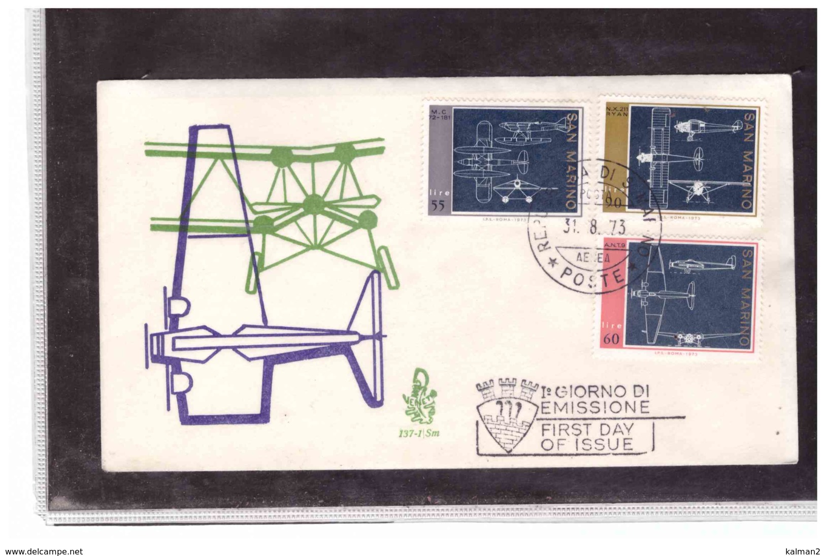 FDC5356   -   SAN MARINO   31.8.1973  /   FDC  AEROPLANI, DISEGNI COSTRUTTIVI   /    CAT.UNIFICATO  892/896 - Aerei