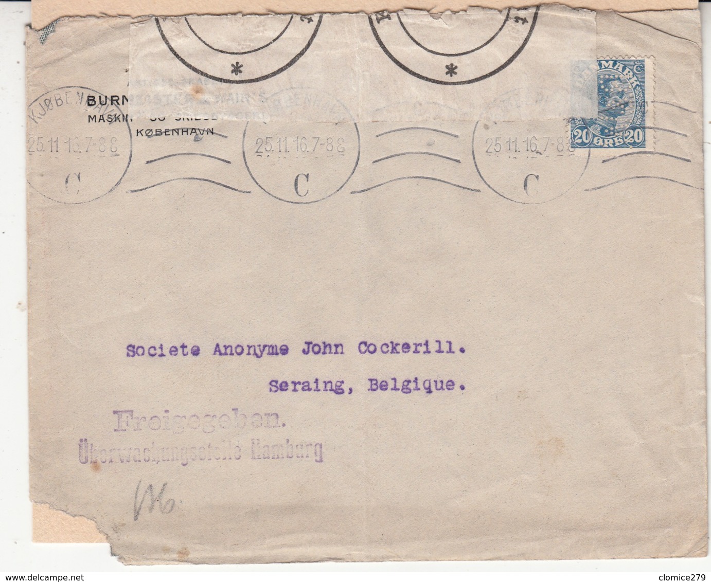 Enveloppe  1914/18  Timbre Avec Perforation Du Danemark    Vers  La   Belgique   Censure   2 Scan - OC1/25 Generaal Gouvernement