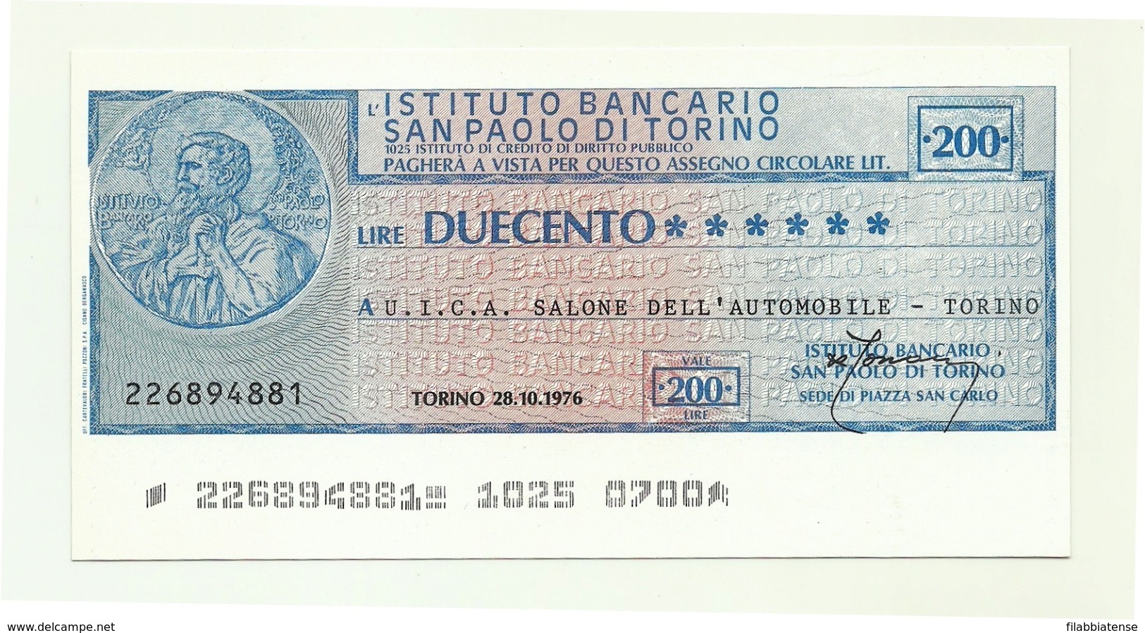 1976 - Italia - Istituto Bancario San Paolo Di Torino - U.I.C.A. Salone Dell'Automobile - Torino - [10] Assegni E Miniassegni