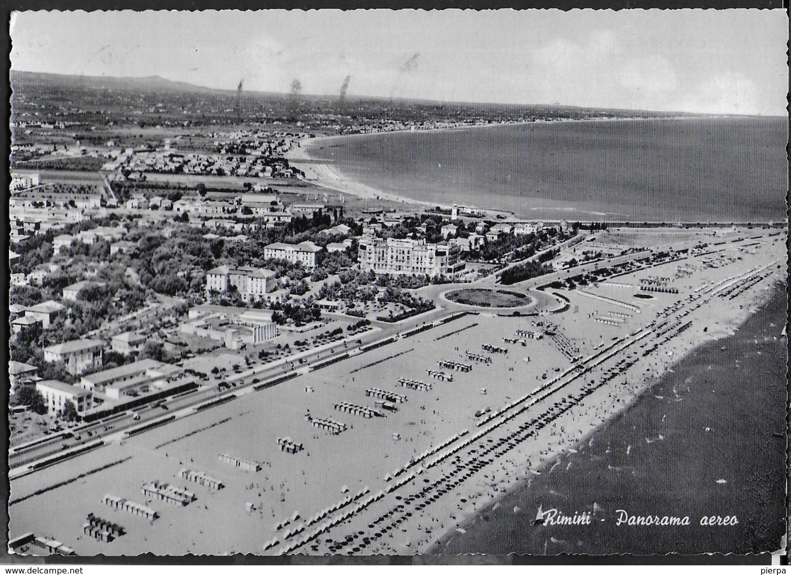 EMILIA ROMAGNA - RIMINI  -PANORAMA AEREO - VIAGGIATA 1952 FRANCOBOLLO ASPORTATO - Rimini