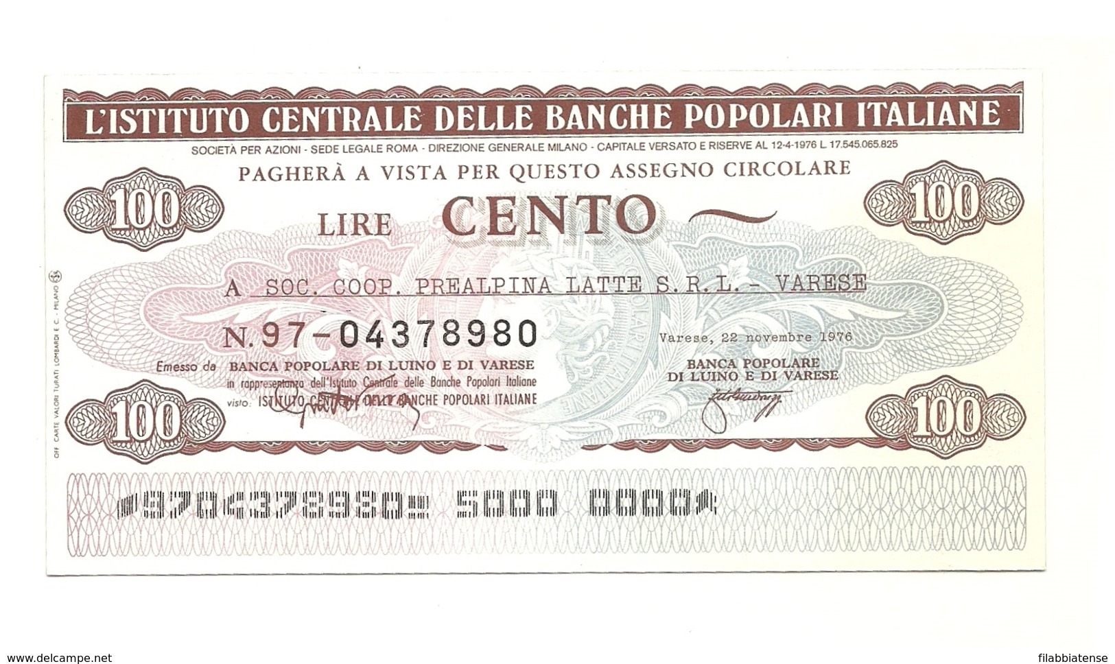 1976 - Italia - Istituto Centrale Delle Banche Popolari Italiane - Soc. Coop. Prealpina Latte S.R.L. - Varese - [10] Assegni E Miniassegni