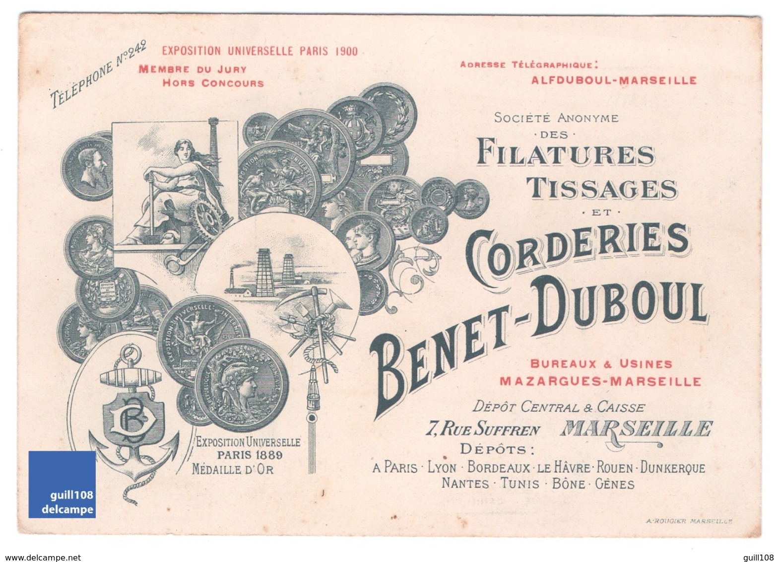 Carte De Visite Filature Tissage Corderie Benet-Duboul 7 Rue Suffren Marseille Tramway Mazargues Bourse Filatures A2-95 - Visiting Cards