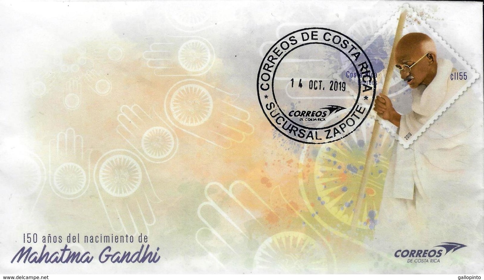 COSTA RICA 150 YEARS BIRTH Of MAHATMA GANDHI PREPAID ADDRESSED W/LOGO CANCEL 2019 - Mahatma Gandhi