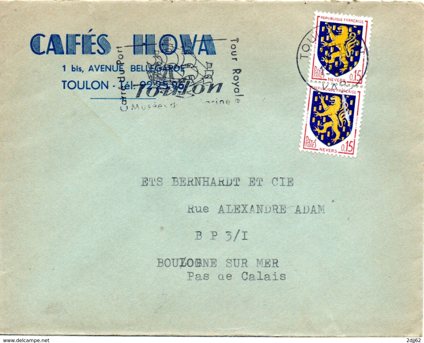 Boisson, Café "Hova", Toulon - Flamme Secap, Blason Nevers - Enveloppe Entière  (V409) - Autres & Non Classés