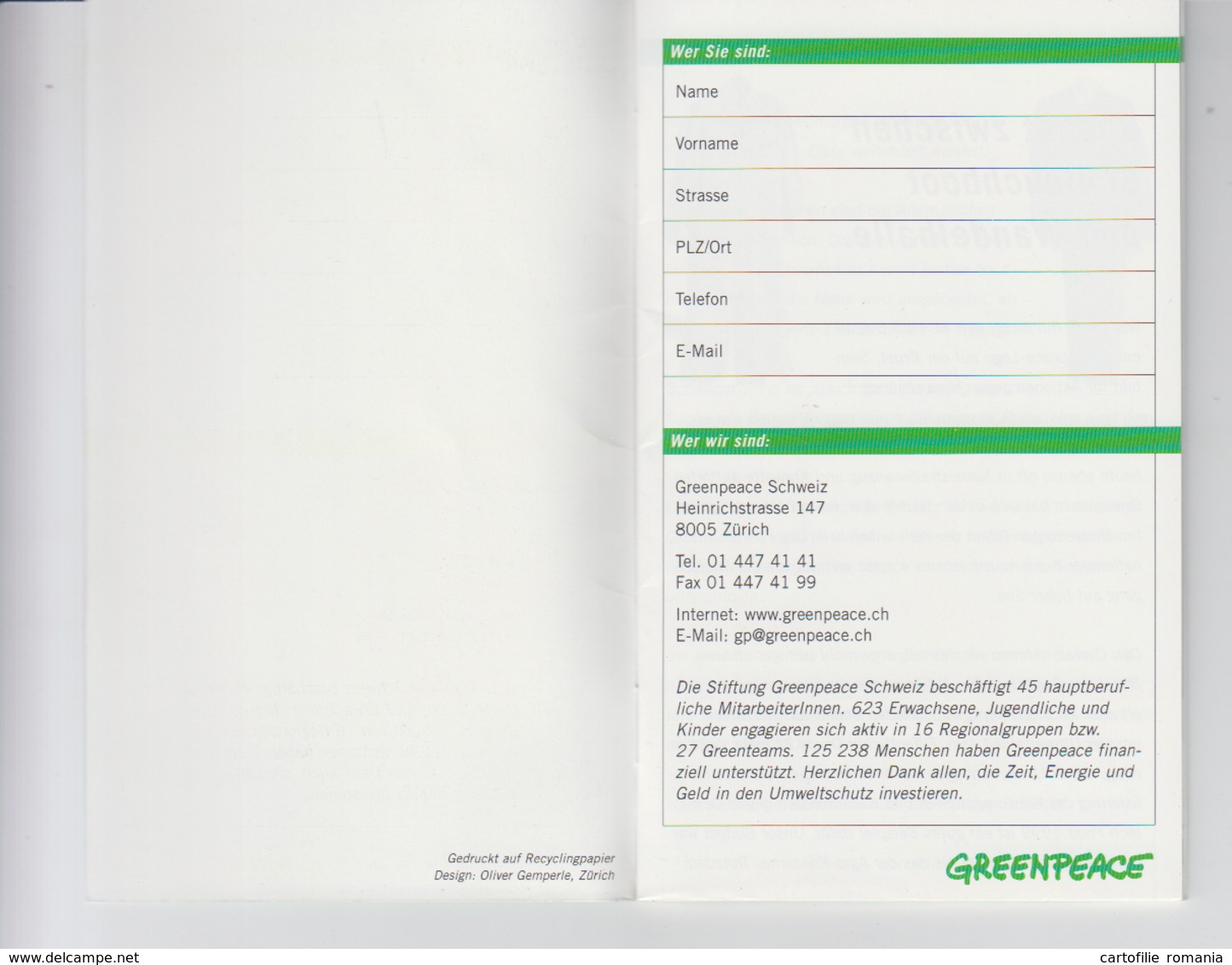 Switzerland Zurich - 1999 - Greenpeace - Agenda 2000 - 2001 - 30 Pages - Unused - Ecology - Nature