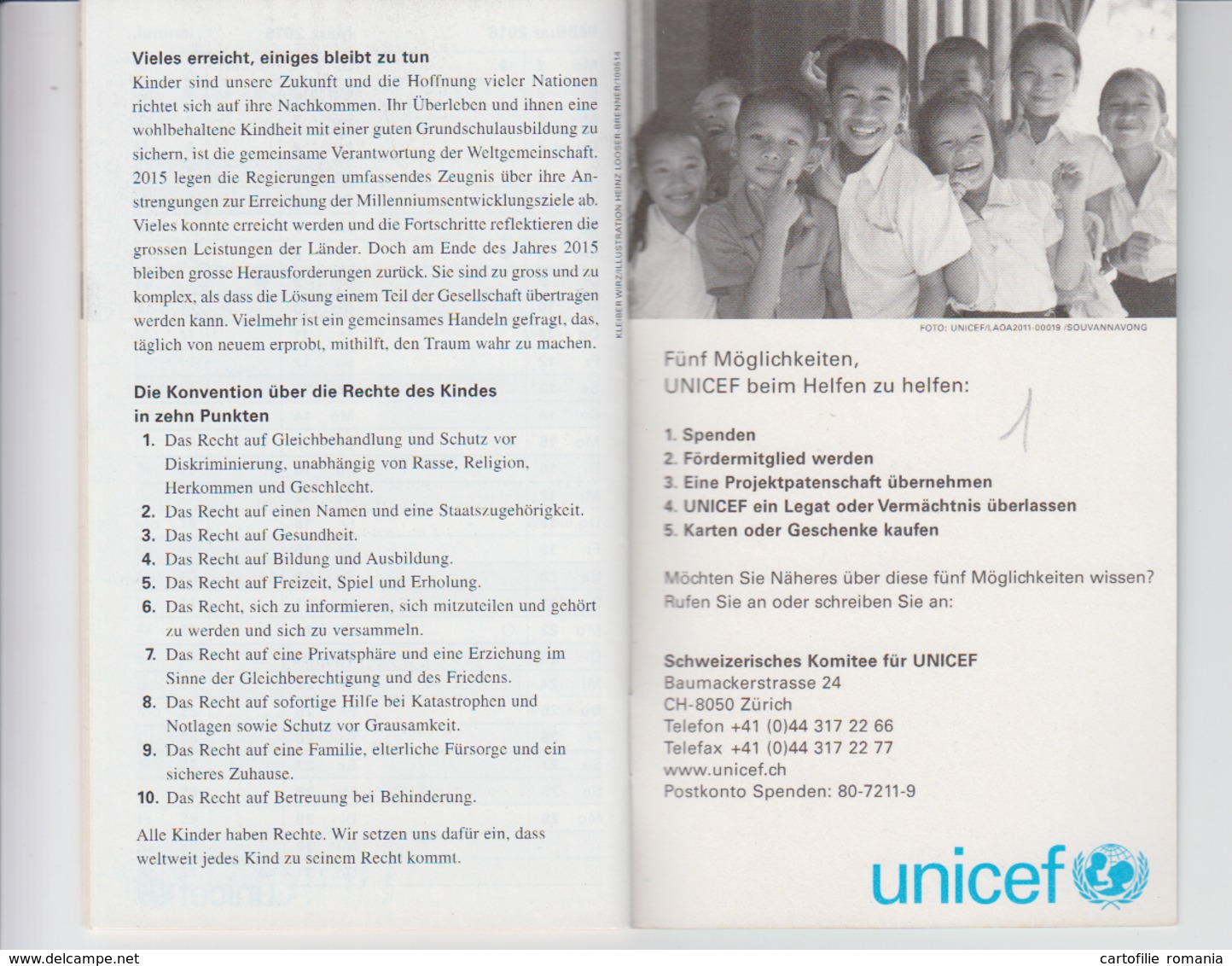 Switzerland Zurich - 2015 - UNICEF Agenda - Calendar - 32 Pages - Unused - Calendars