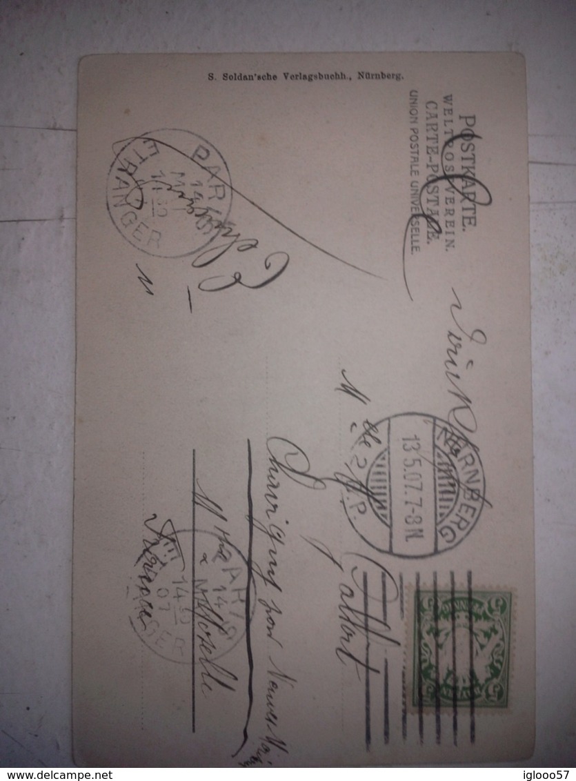 2 Rares Oblitérations " PARIS ÉTRANGER" 1907 Sur Carte Postale De NUREMBERG - 1877-1920: Période Semi Moderne