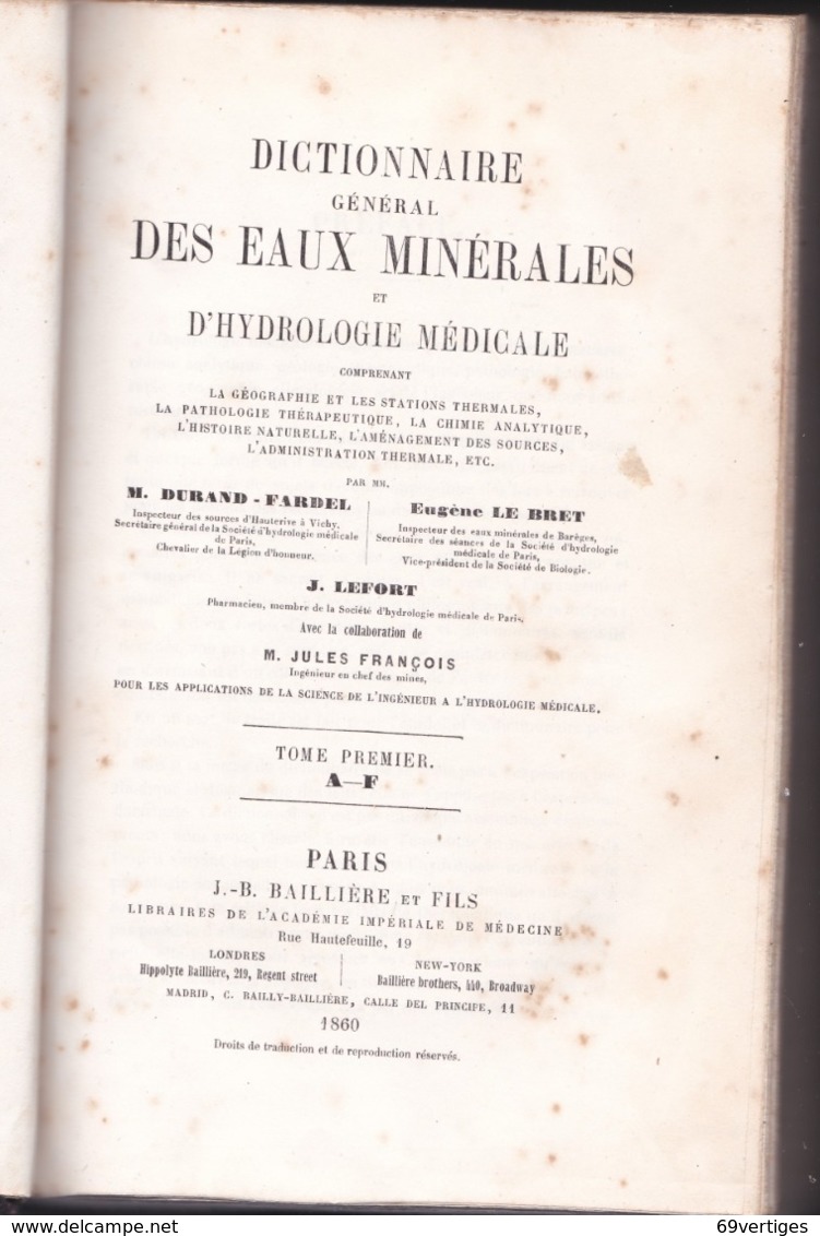 DICTIONNAIRE GENERAL DES EAUX MINERALES ET D'HYDROLOGIE MEDICALE - 1801-1900