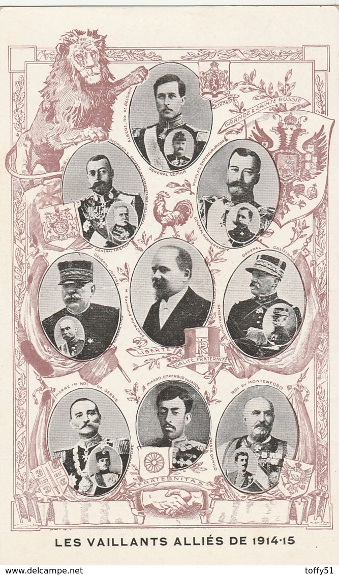 CPA:"LES VAILLANTS ALLIÉS DE 1914-15" LION COQ DRAPEAU PORTRAITS HOMMES POLITIQUES ET MILITAIRES - Hommes Politiques & Militaires