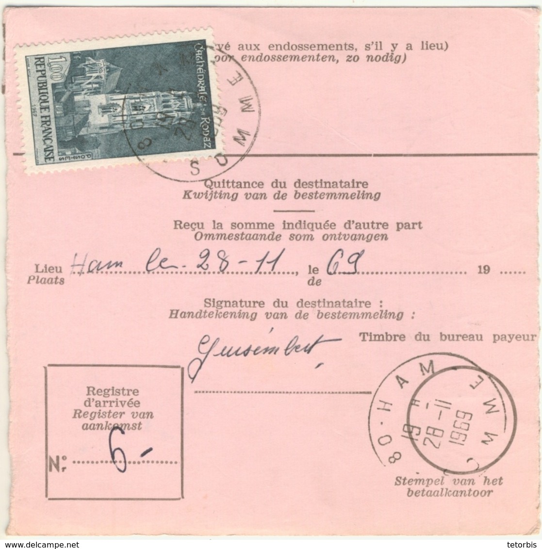 RARE- 1f CATHEDRALE RODEZ TARIF MANDAT INTERNATIONAL TAXE FACTAGE A DOMICILE 28/11/69 - 1961-....