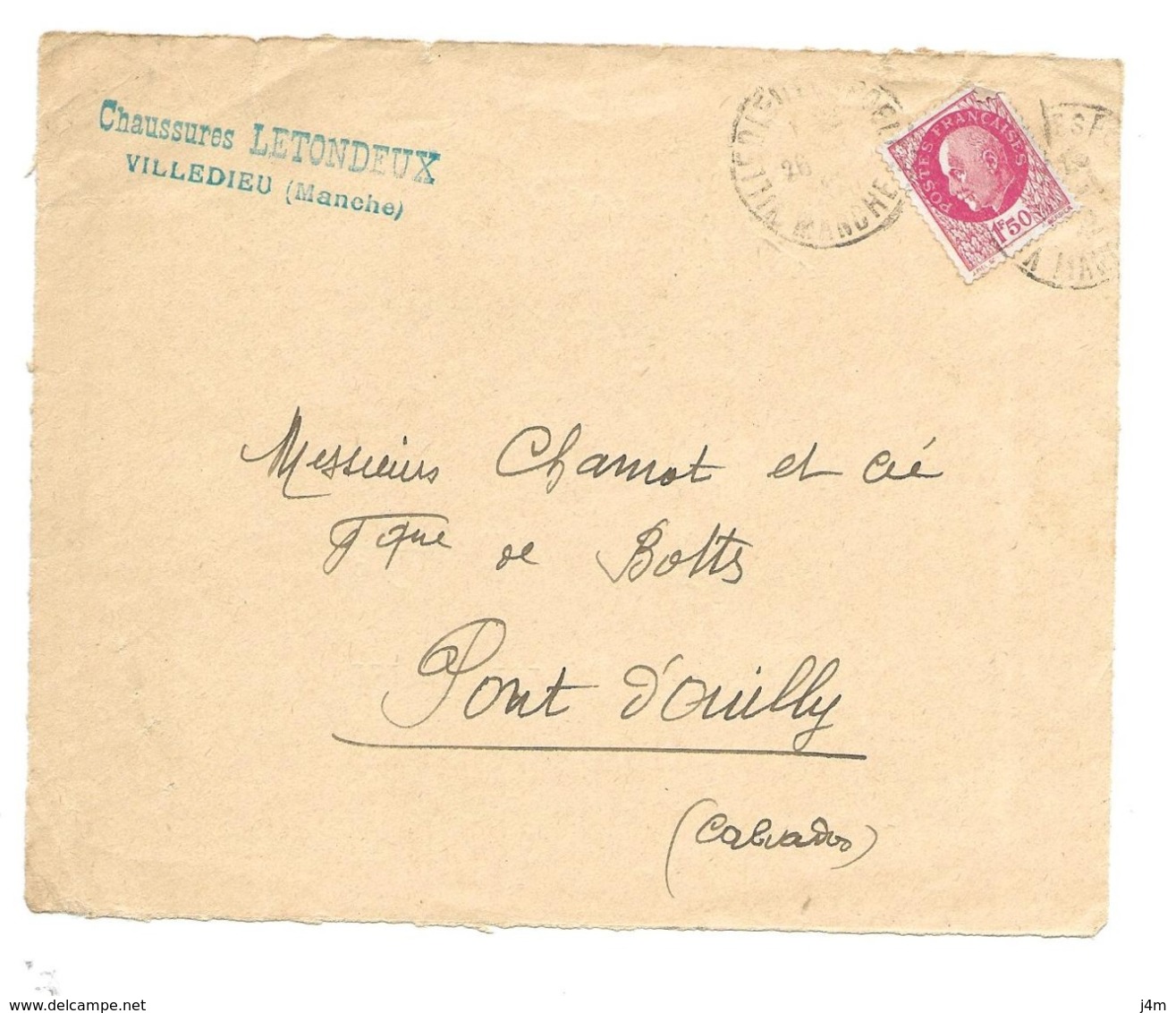 DOCUMENT Commercial ENVELOPPE 1942..Chaussures LETONDEUX à VILLEDIEU ( Manche 50)...Recto Seul - 1900 – 1949