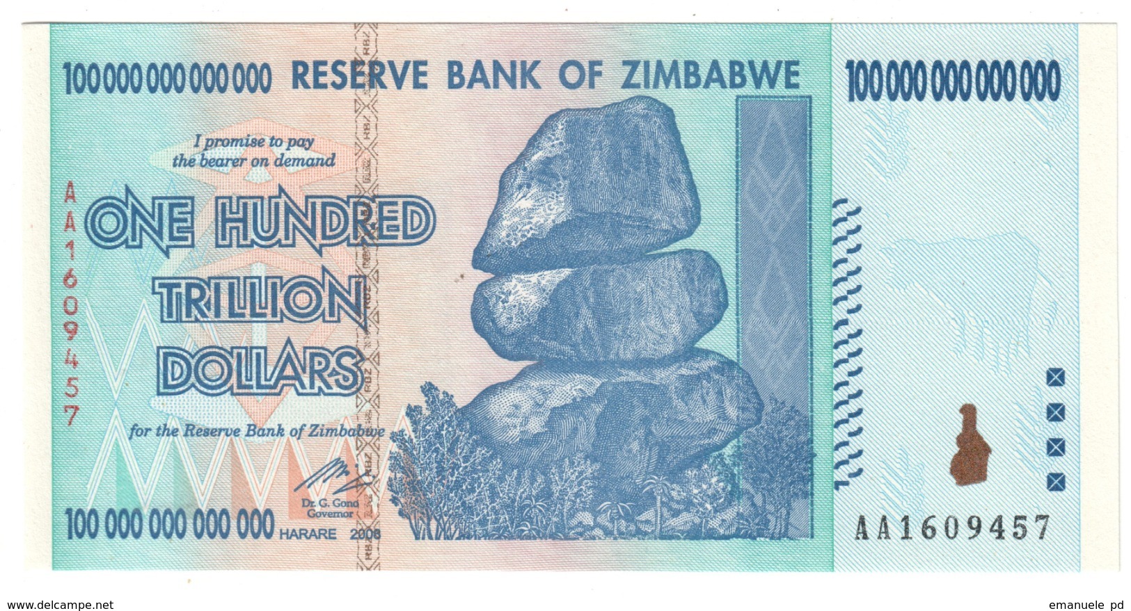 Zimbabwe 100 Trillions Dollars 2008 Pick 90 UNC (UV Checked) - Zimbabwe