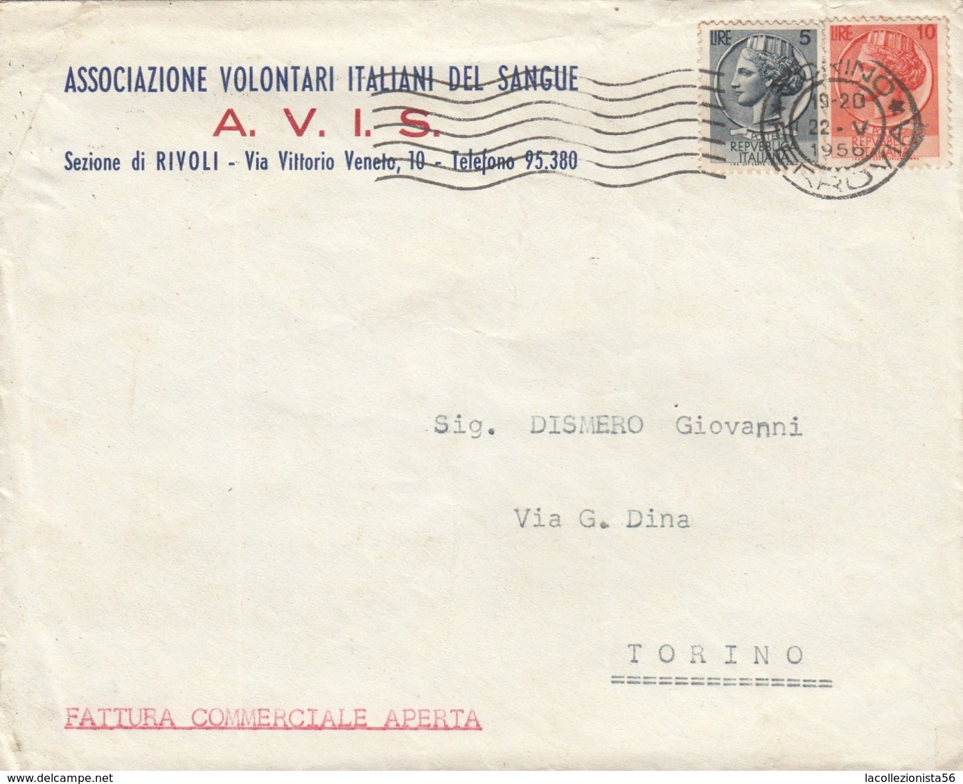 9572-BUSTA INTESTATA A.V.I.S. - SEZIONE DI RIVOLI TORINESE-1956 - Advertising
