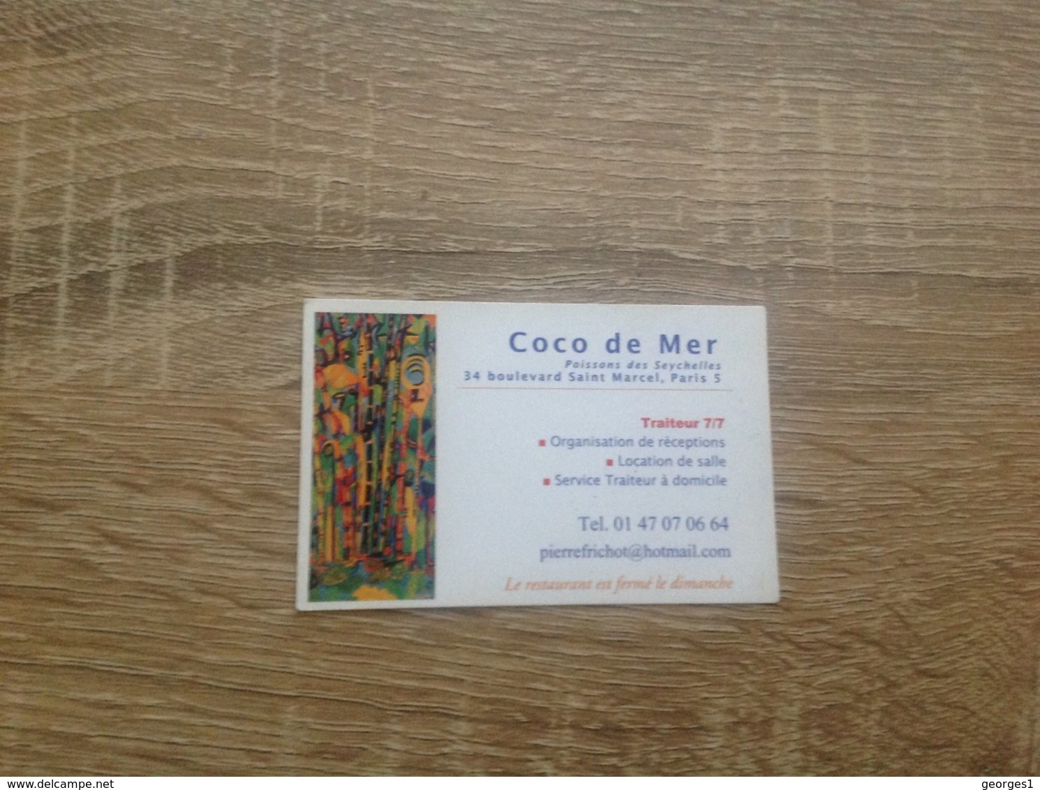 Carte De Visite De Restaurant  Coco De Mer   Paris 5eme - Cartes De Visite