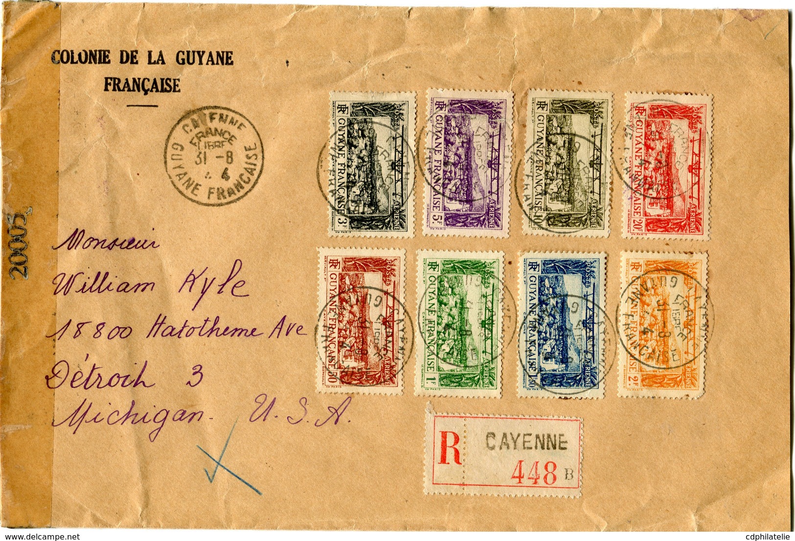 GUYANE LETTRE RECOMMANDEE CENSUREE DEPART CAYENNE 31-8-44 GUYANE FRANCAISE POUR LES ETATS-UNIS - Brieven En Documenten