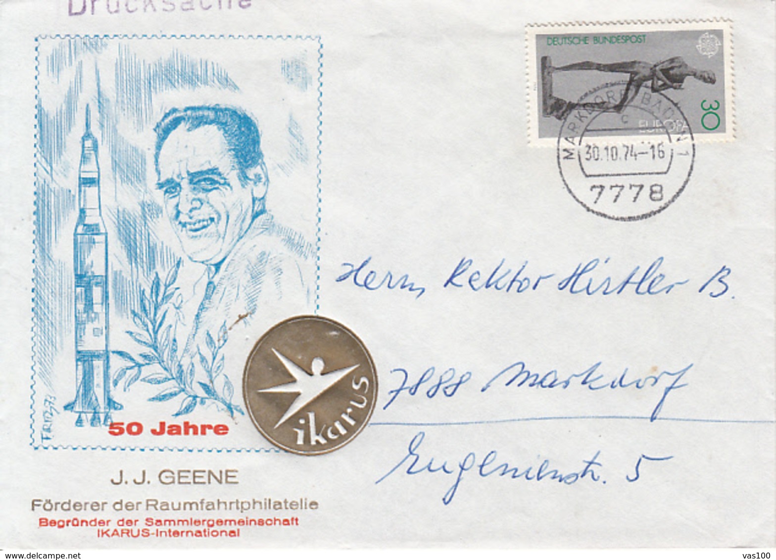 SPACE PHILATELY, J.J. GEENE, IKARUS INTERNATIONAL, SPECIAL COVER, 1974, GERMANY - Covers & Documents