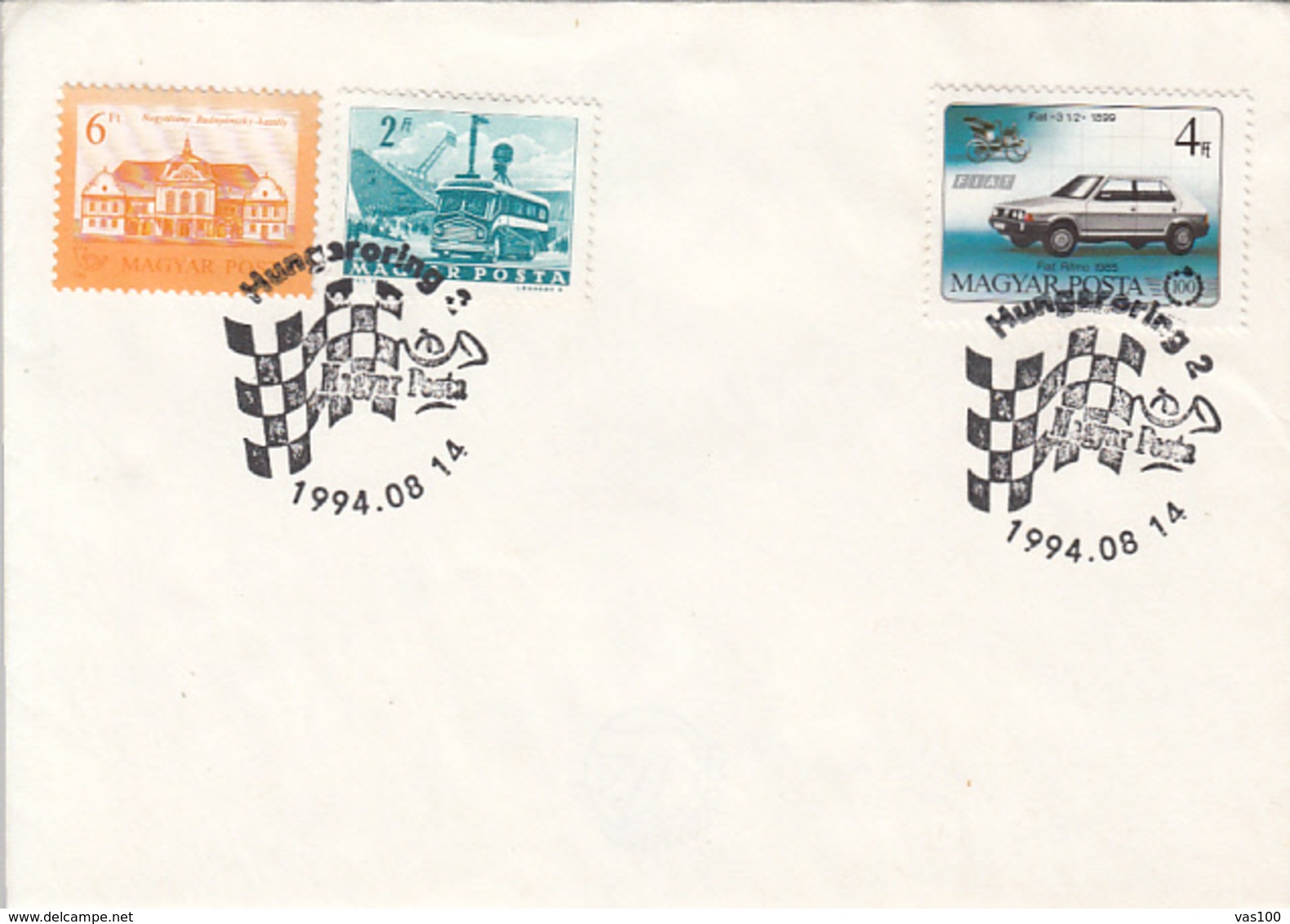 SPORTS, CARS, HUNGARORING RACE TRACK SPECIAL POSTMARKS, CASTLE, BUSS, CAR STAMPS ON COVER, 1994, HUNGARY - Cars