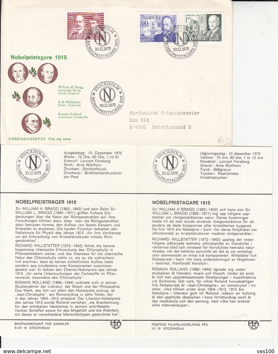 NOBEL PRIZE LAUREATS OF 1915, PERSONALITIES, COVER FDC AND CARD, 1975, SWEDEN - Nobel Prize Laureates