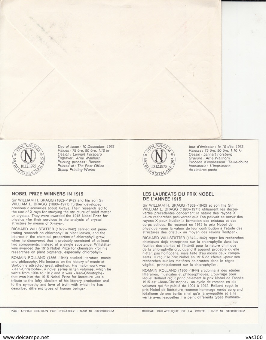 NOBEL PRIZE LAUREATS OF 1915, PERSONALITIES, COVER FDC AND CARD, 1975, SWEDEN - Nobel Prize Laureates