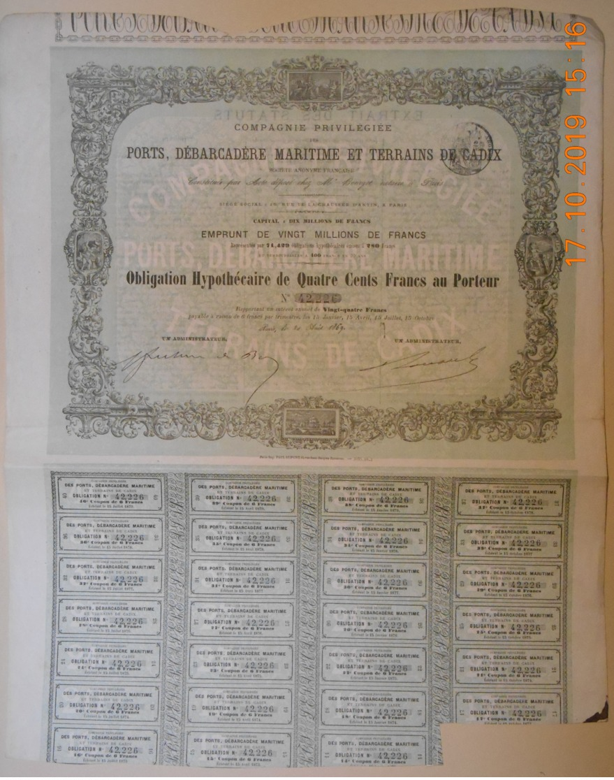 OBLIGATION - Cie PORTS, DEBARCADERE MARITIME Et TERRAINS De CADIX Du 31 Août 1869 - Navegación