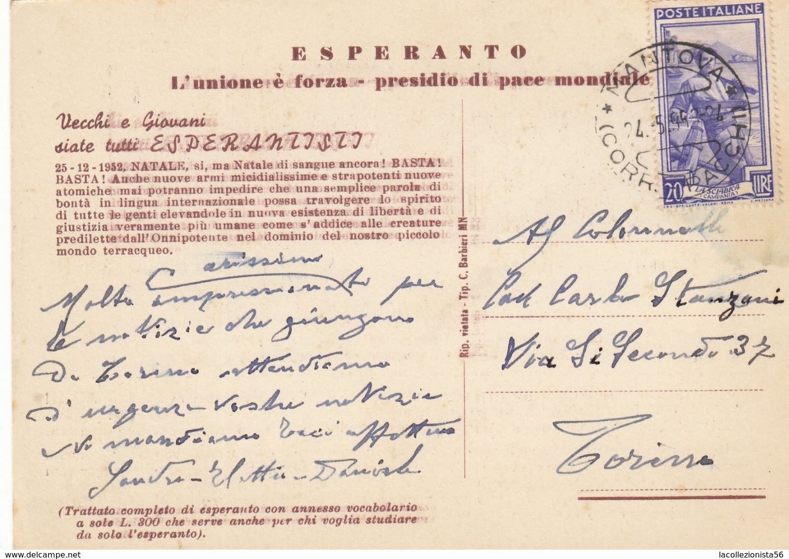 9579-ESPERANTO-L'UNIONE E' FORZA-PRESIDIO DI PACE MONDIALE-1953-FG - Werbepostkarten