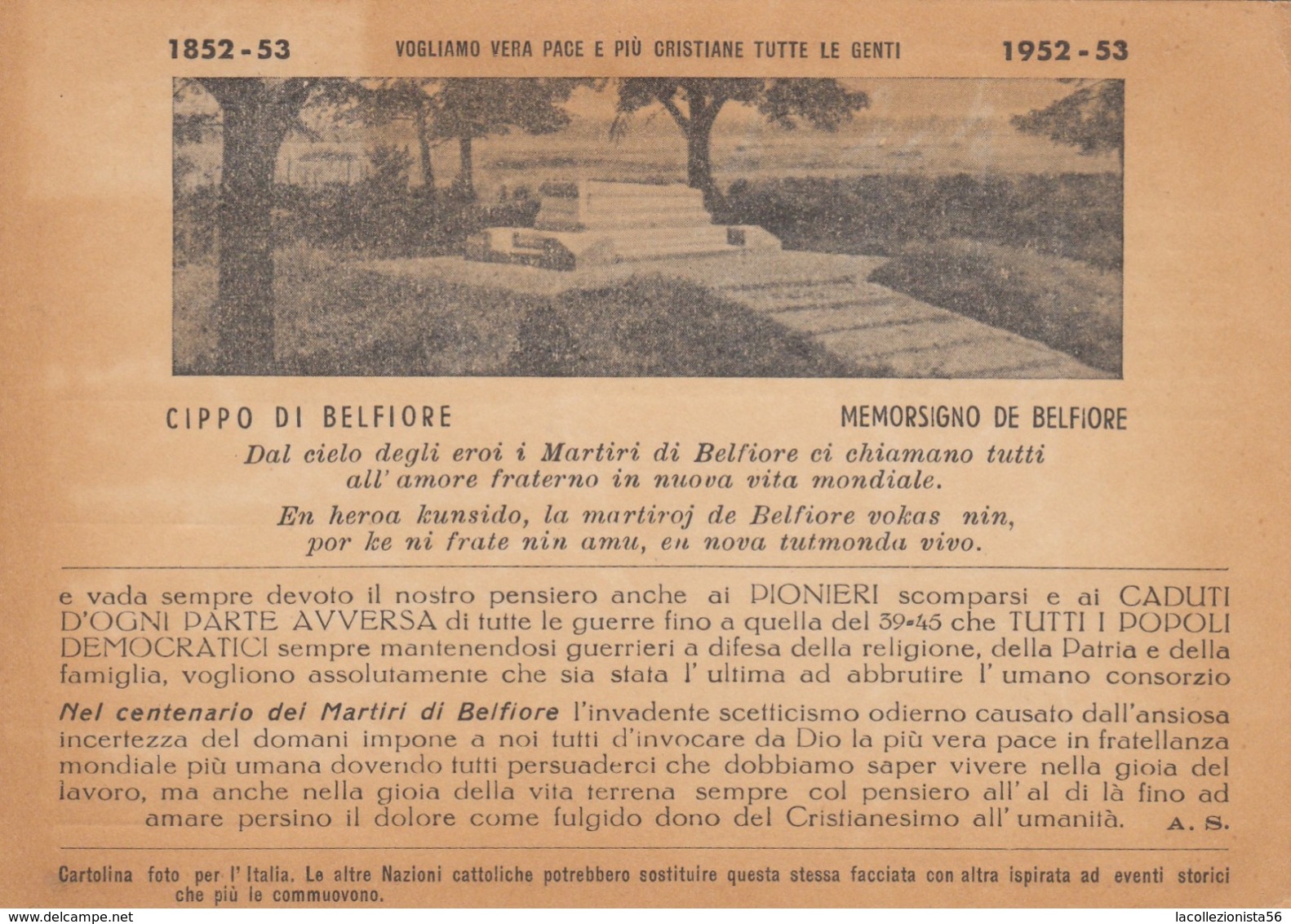 9580-ESPERANTO-L'UNIONE E' FORZA A PRESIDIO DI PACE MONDIALE-1953-FG - Werbepostkarten