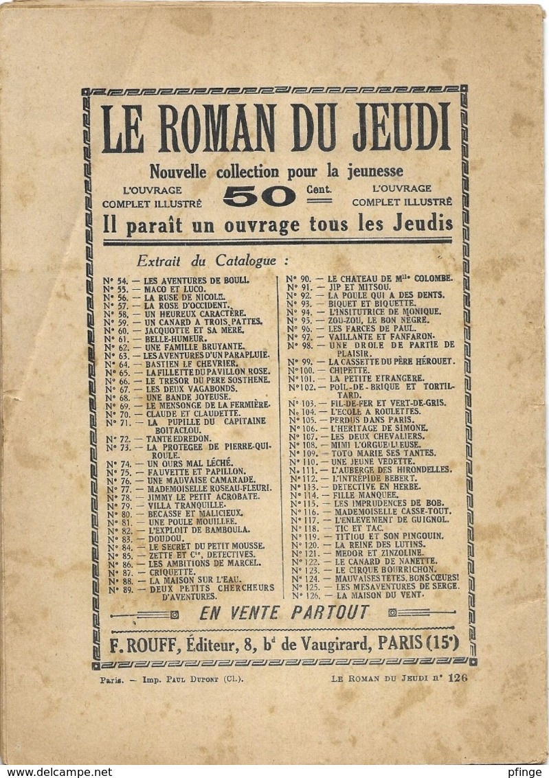 La Maison Du Vent  Par Adam De Villiers- Le Roman Du Jeudi N°126 - 1901-1940