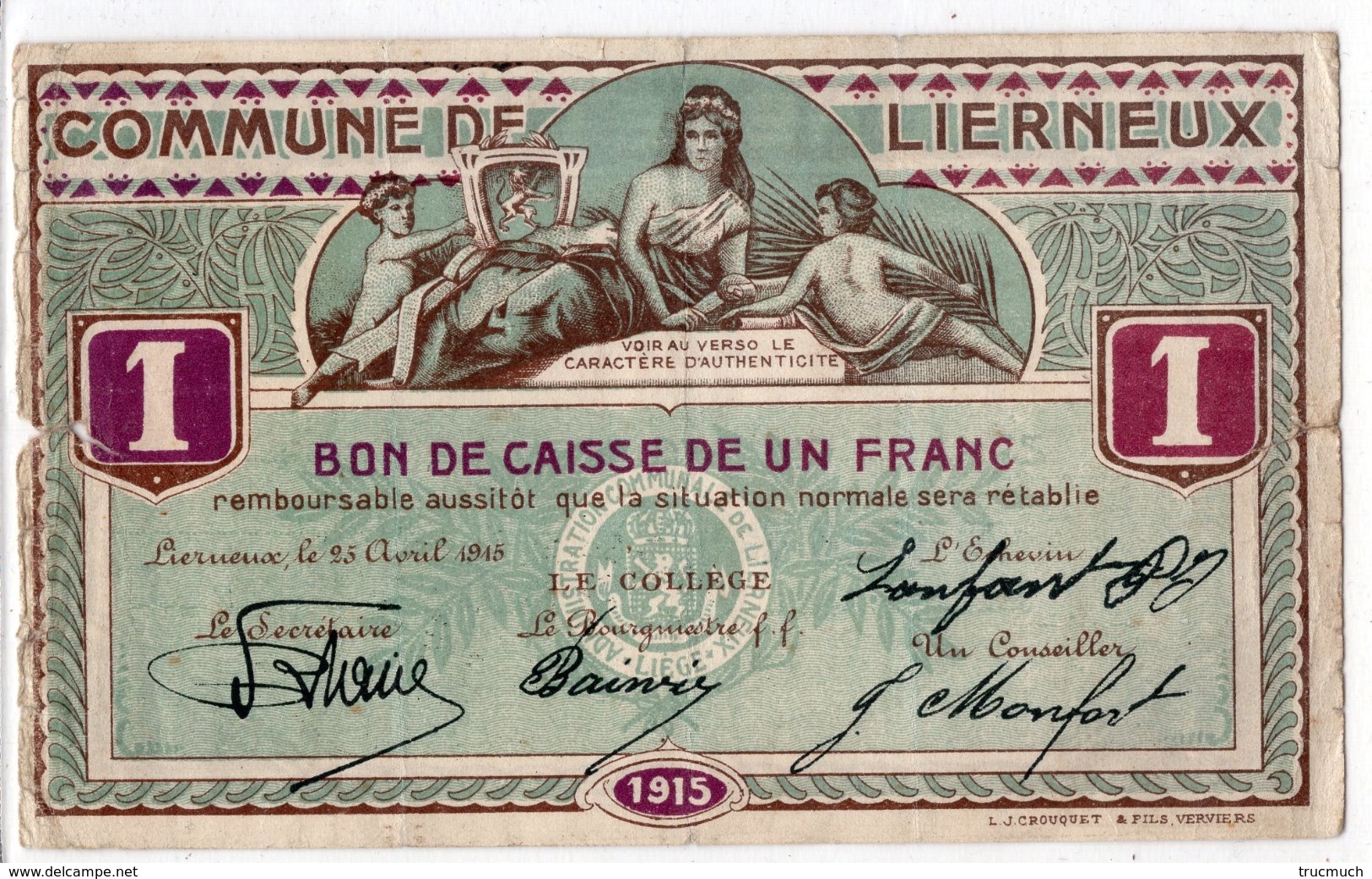 BON DE CAISSE   -  Billet De Nécessité  -  LIERNEUX -  1 Franc - 25 Avril 1915  -  *RARE* - 1-2 Frank