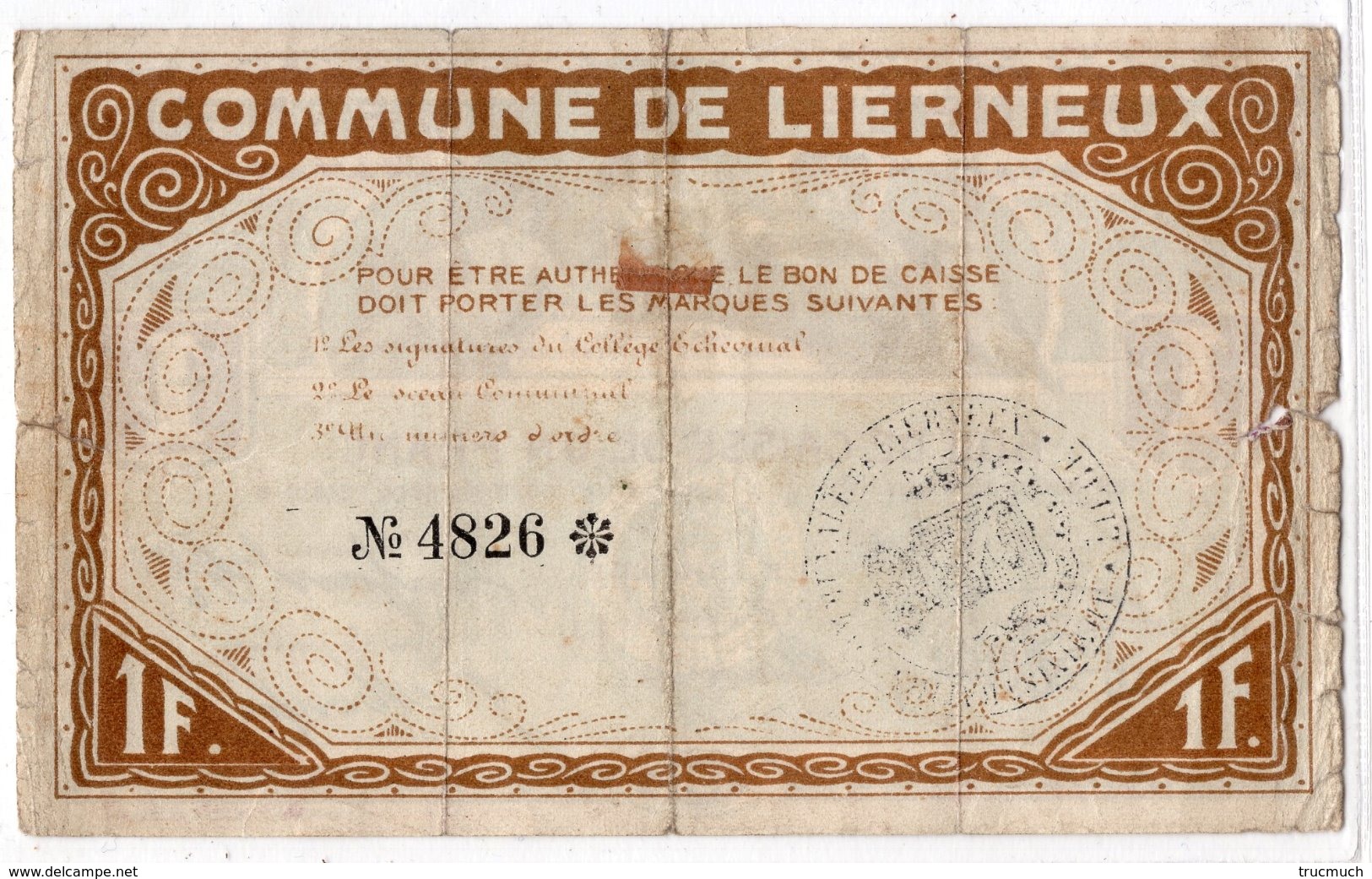BON DE CAISSE   -  Billet De Nécessité  -  LIERNEUX -  1 Franc - 25 Avril 1915  -  *RARE* - 1-2 Frank