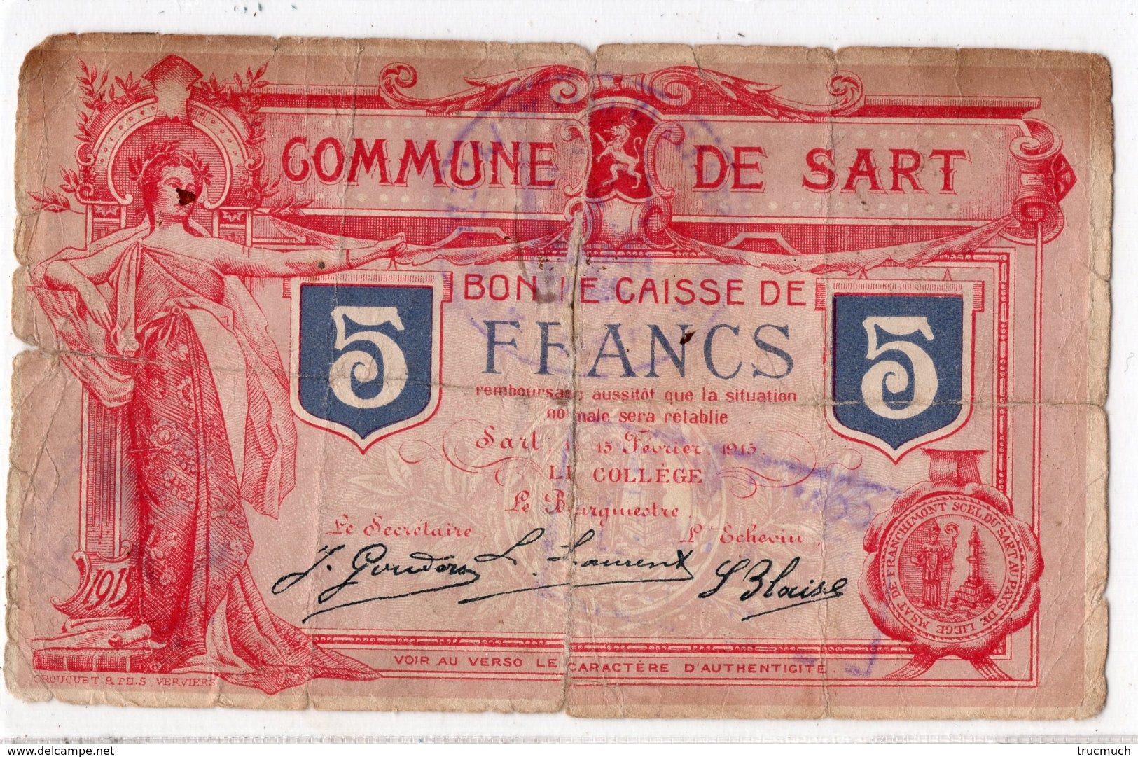 BON DE CAISSE   -  Billet De Nécessité  -  SART (LEZ SPA) -  5 Francs - 15 Février 1915  -  *RARE* - 5 Franchi