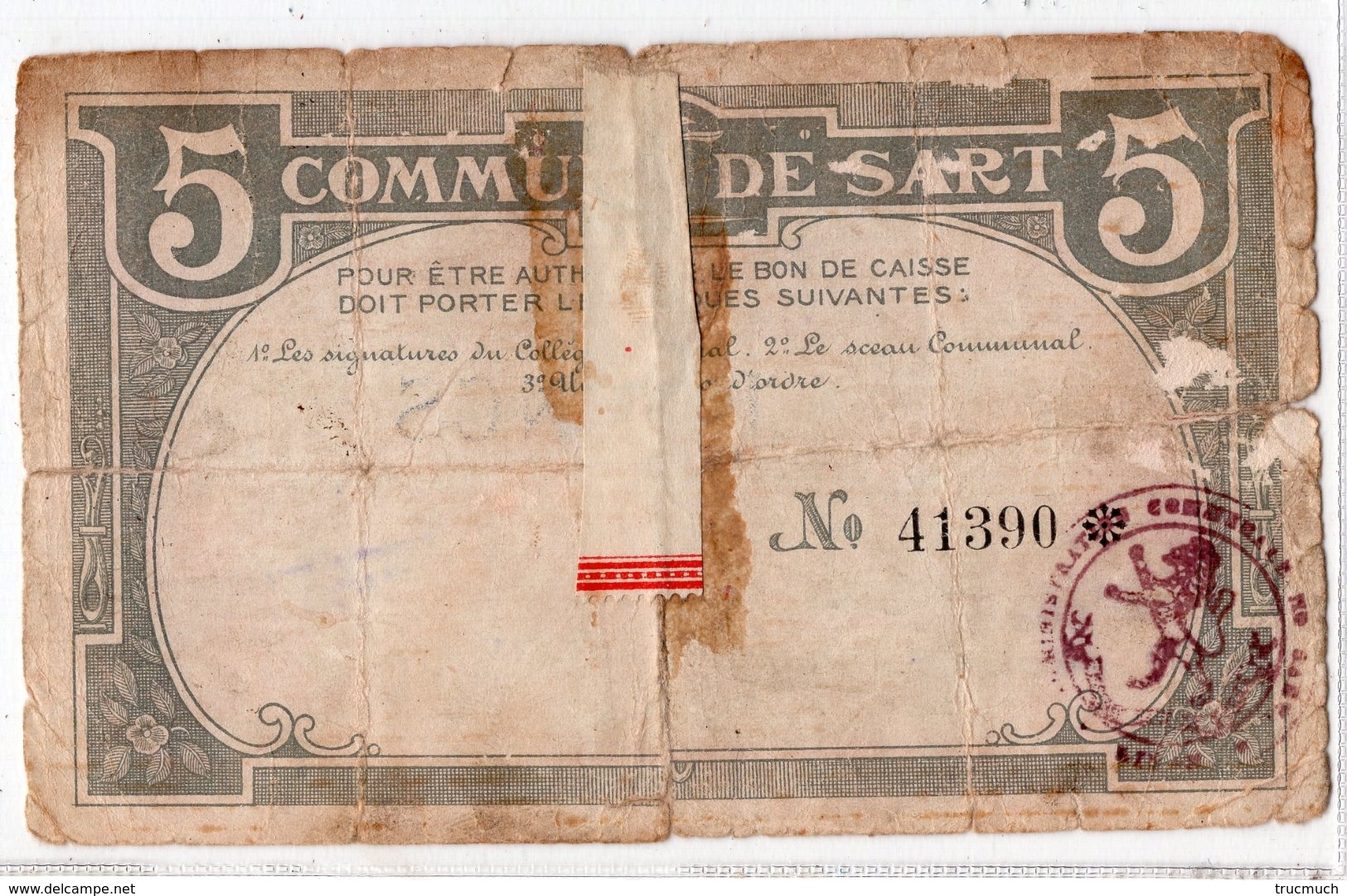 BON DE CAISSE   -  Billet De Nécessité  -  SART (LEZ SPA) -  5 Francs - 15 Février 1915  -  *RARE* - 5 Franchi