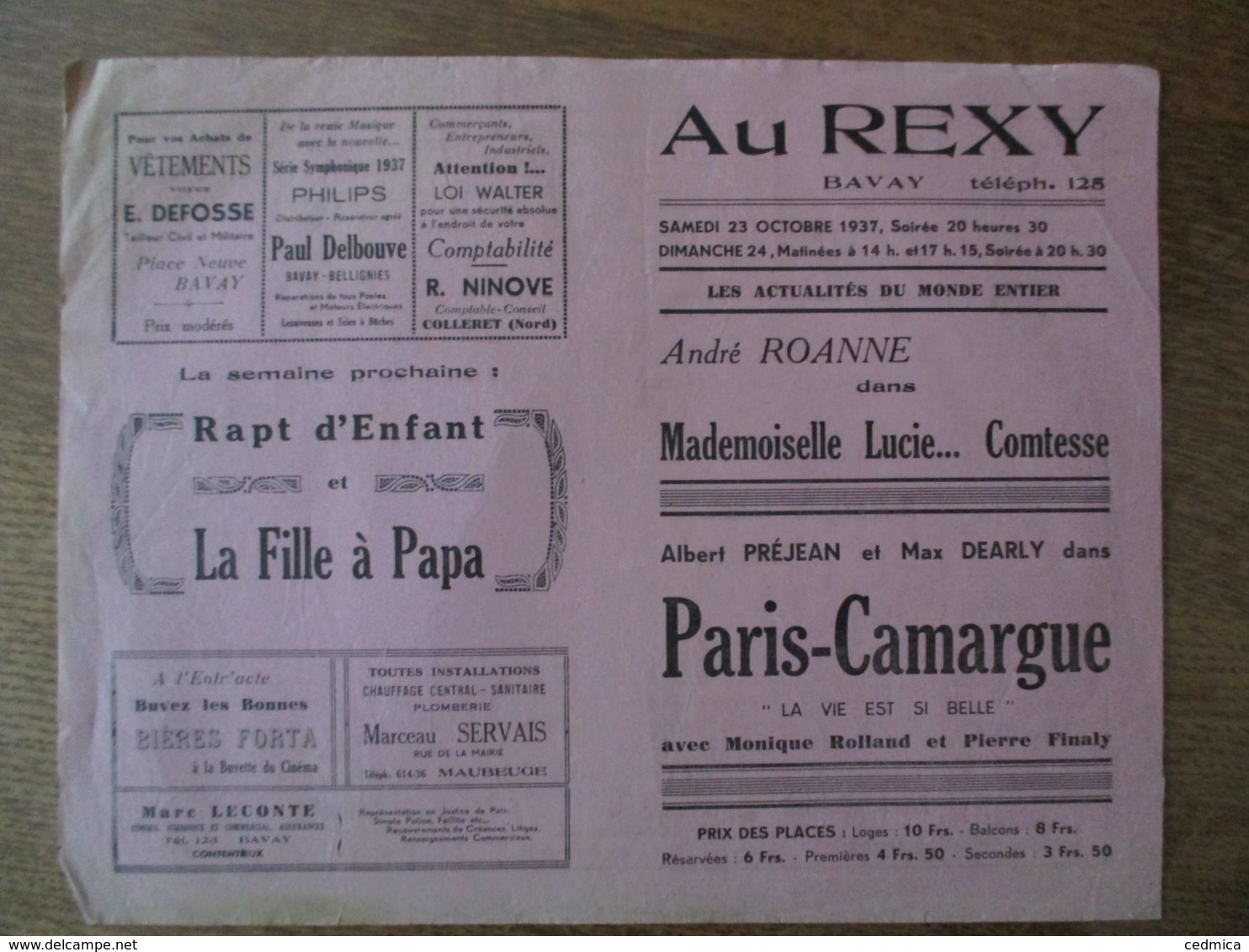 BAVAY CINEMA  REXY 23 ET 24 OCTOBRE 1937 MADEMOISELLE LUCIE....COMTESSE ET PARIS-CAMARGUE ALBERT PREJEAN - Programmes