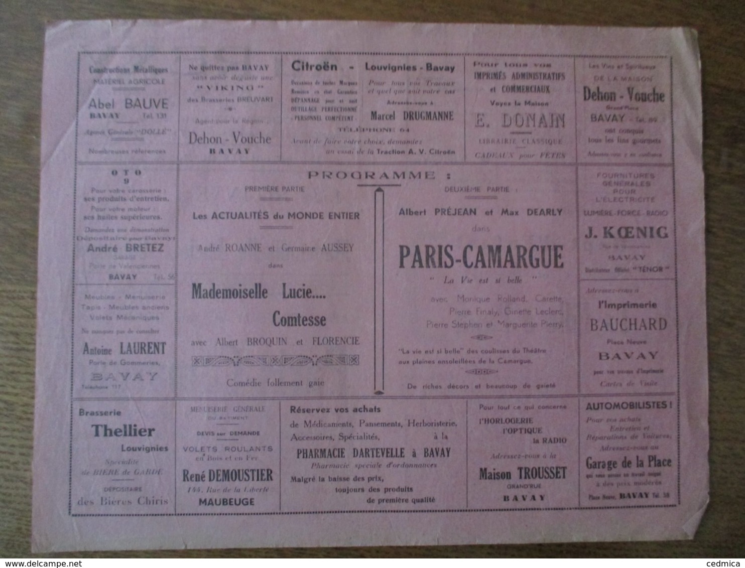 BAVAY CINEMA  REXY 23 ET 24 OCTOBRE 1937 MADEMOISELLE LUCIE....COMTESSE ET PARIS-CAMARGUE ALBERT PREJEAN - Programme