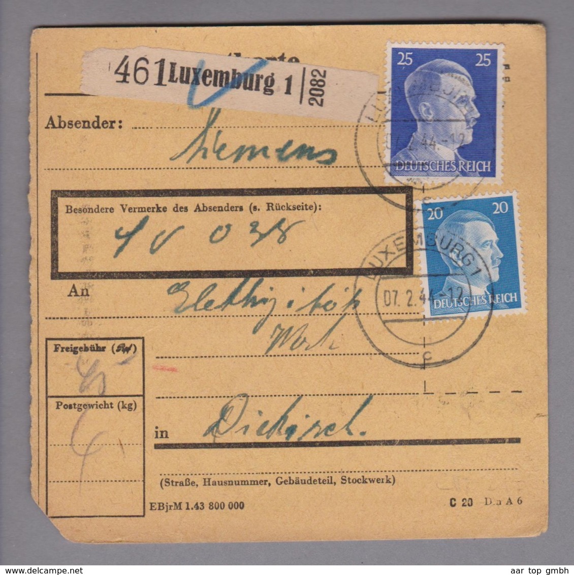 Luxemburg 1944-02-07 Luxemburg Paketkarte Nach Diekirch - 1940-1944 Ocupación Alemana