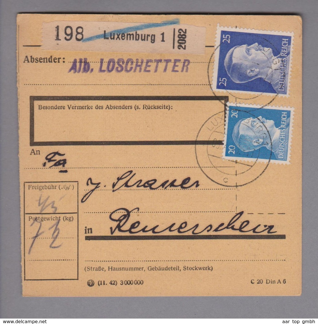 Luxemburg 1943-04-05 Paketkarte 20+25 Pf. Nach Remerschen - 1940-1944 Ocupación Alemana