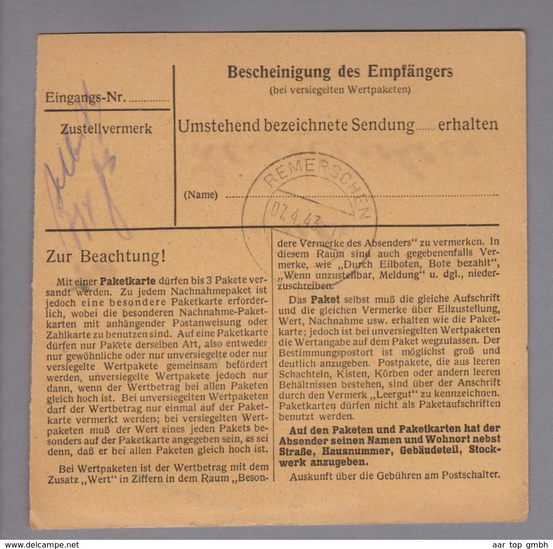Luxemburg 1943-04-05 Paketkarte 20+25 Pf. Nach Remerschen - 1940-1944 Occupation Allemande