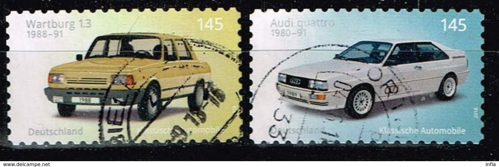 Bund 2018,Michel# 3378 - 3379 O  Klassische Deutsche Automobile: Wartburg 1.3 (1988)/Audi Quattro (1989), Selbstklebend - Gebraucht