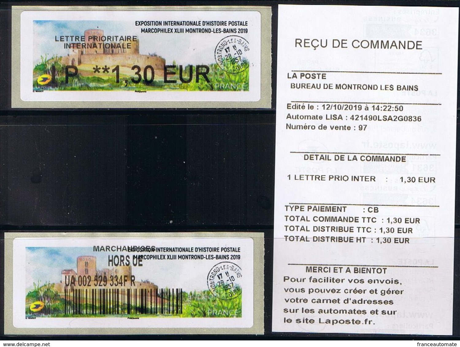 2 Atms, Lisa2, PRIORITAIRE INTERN. IP 1.30€, MARCOPHILEX XLIII MONTROND LES BAINS 2019. Le Château De MONTROND LES BAINS - 2010-... Illustrated Franking Labels