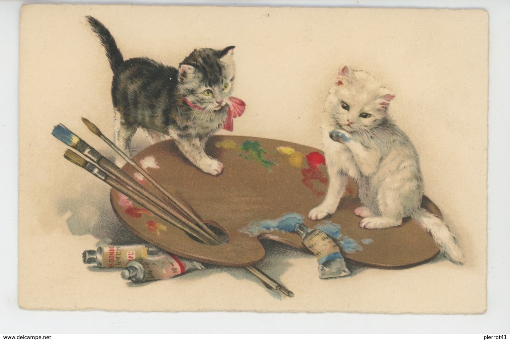 CHATS - CAT - Jolie Carte Fantaisie Chats Sur Palette De Peinture - Gatos