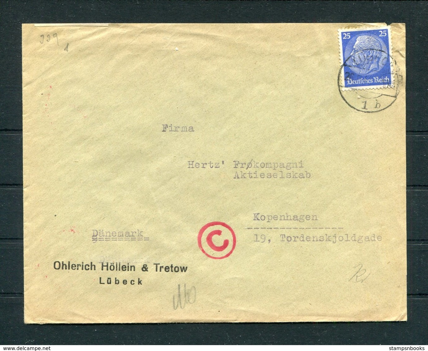 Ww2 Germany Lubeck - Denmark Censor Cover - Covers & Documents