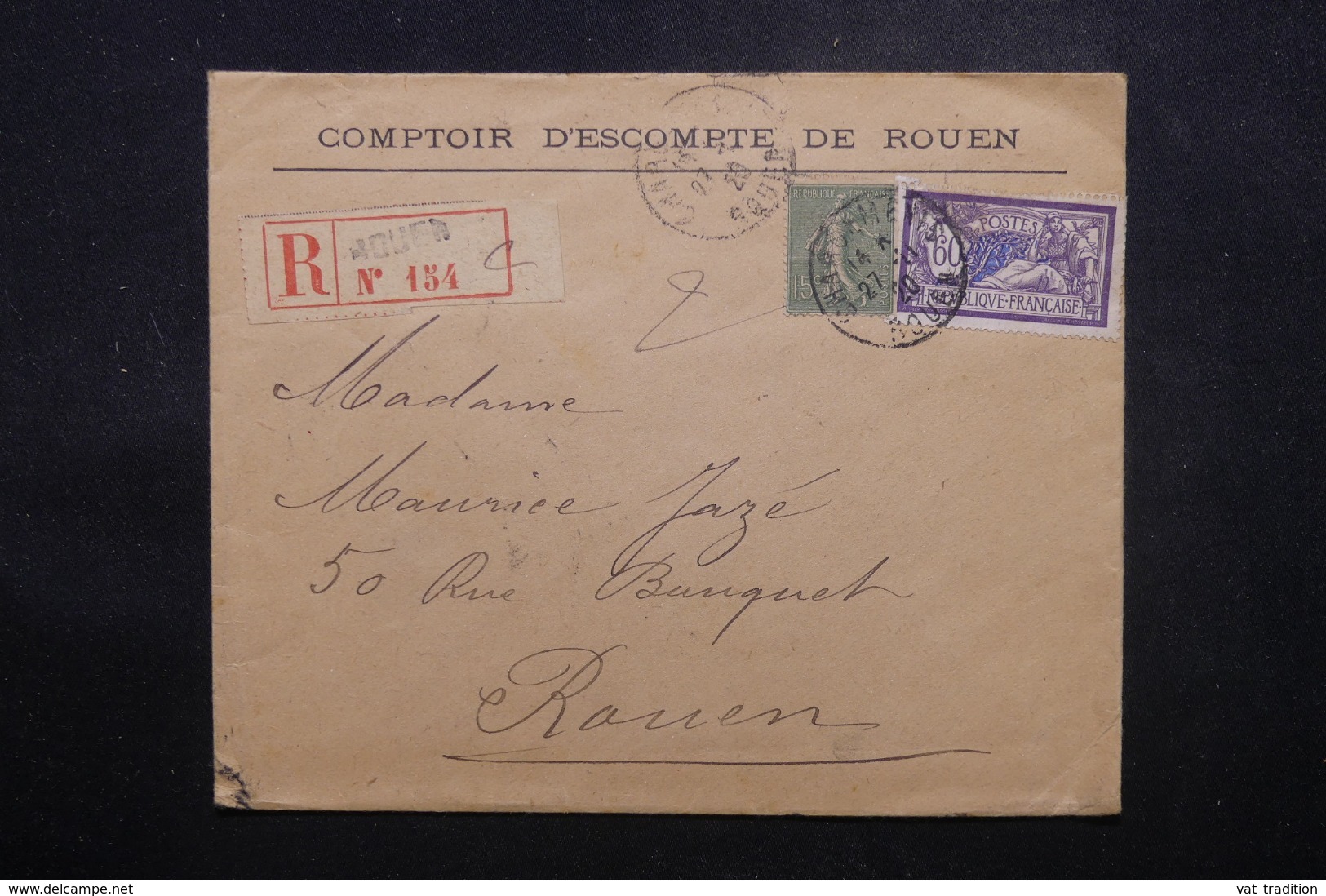 FRANCE - Enveloppe Commerciale De Rouen En 1920 En Recommandé Pour Rouen , Affranchissement Plaisant - L 44193 - 1877-1920: Période Semi Moderne