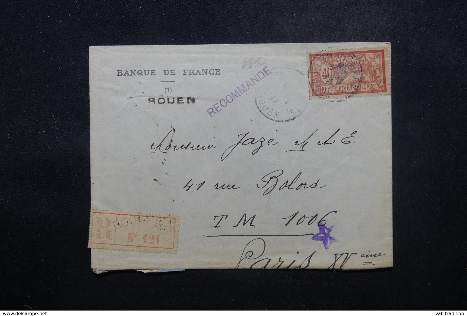 FRANCE - Enveloppe De La Banque De France De Rouen En Recommandé Pour Paris En 1917, Affranchissement Plaisant - L 44198 - 1877-1920: Période Semi Moderne