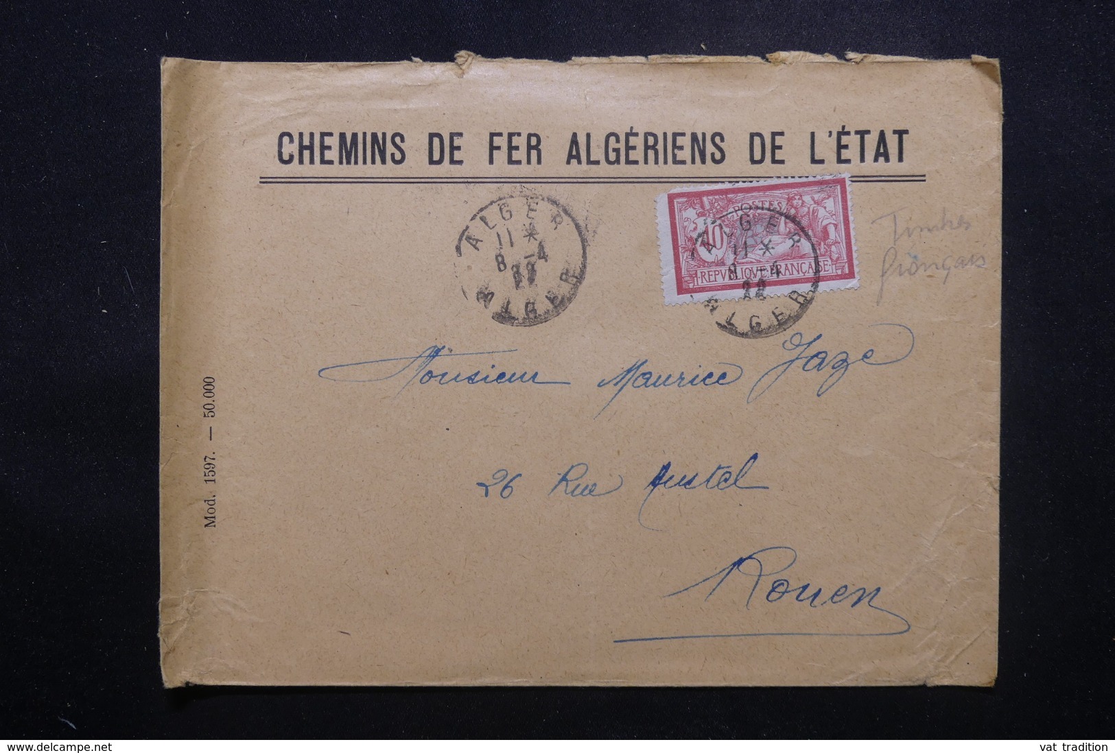 FRANCE / ALGÉRIE - Enveloppe Commerciale De Alger En 1922 Pour Rouen, Affranchissement Plaisant - L 44200 - 1877-1920: Période Semi Moderne