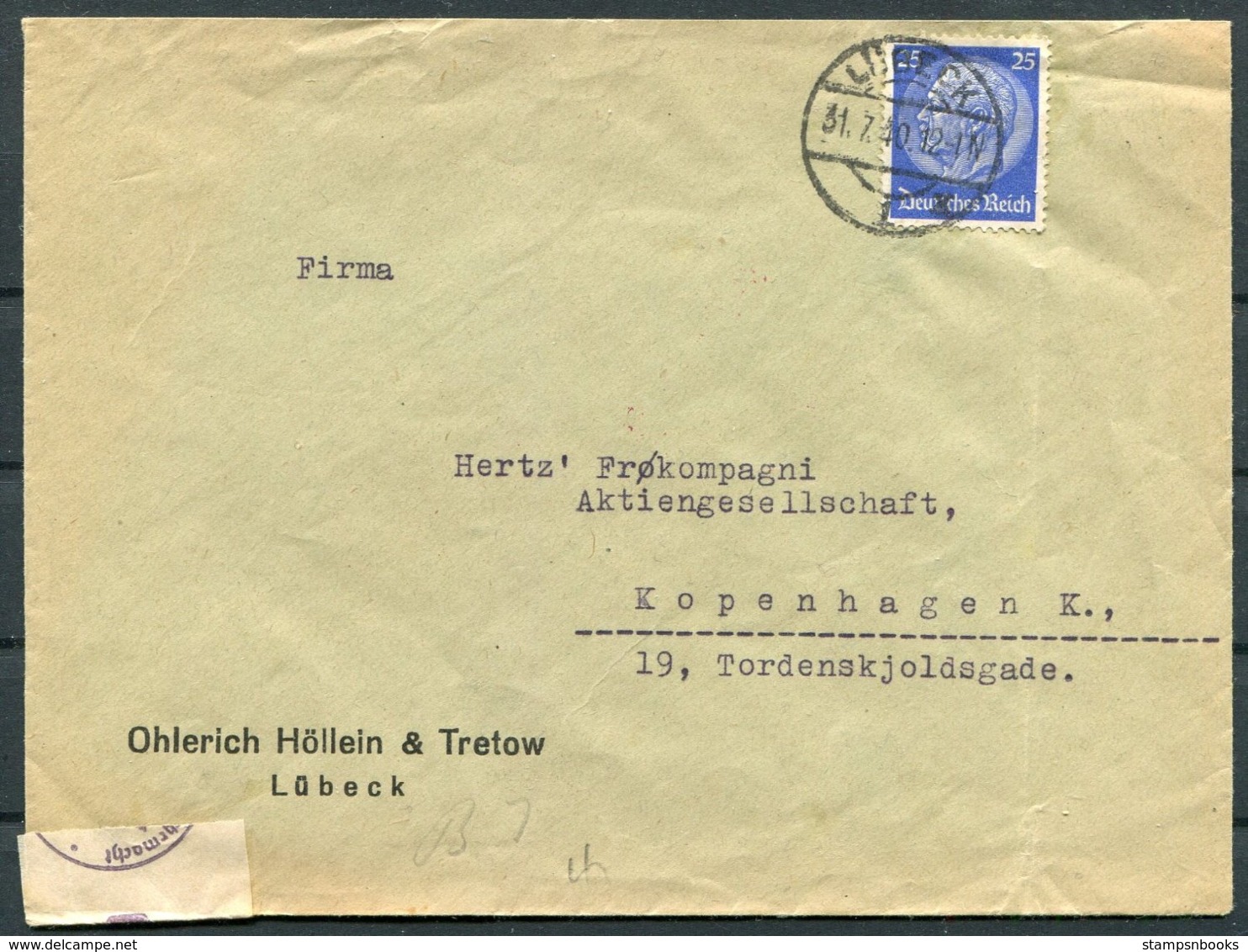 1940 Germany Lubeck Censor Cover - Denmark - Covers & Documents