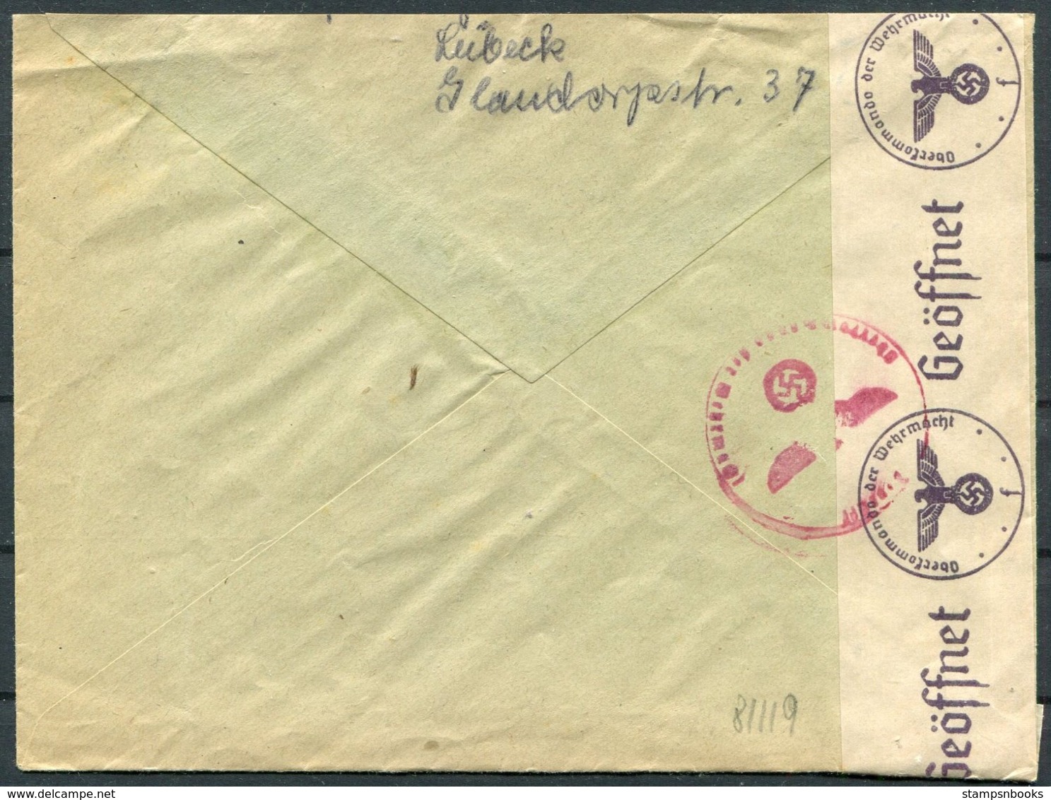 1940 Germany Lubeck Censor Cover - Denmark - Covers & Documents