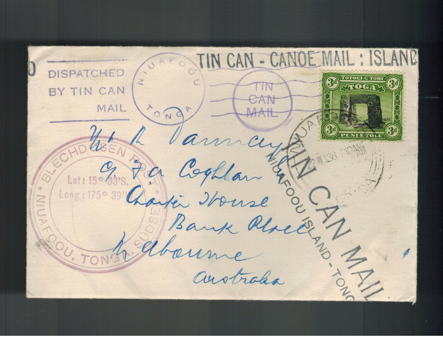 1938 Tonga Toga Tin Can Canoe Mail Cover To Melbourne Australia - Tonga (1970-...)